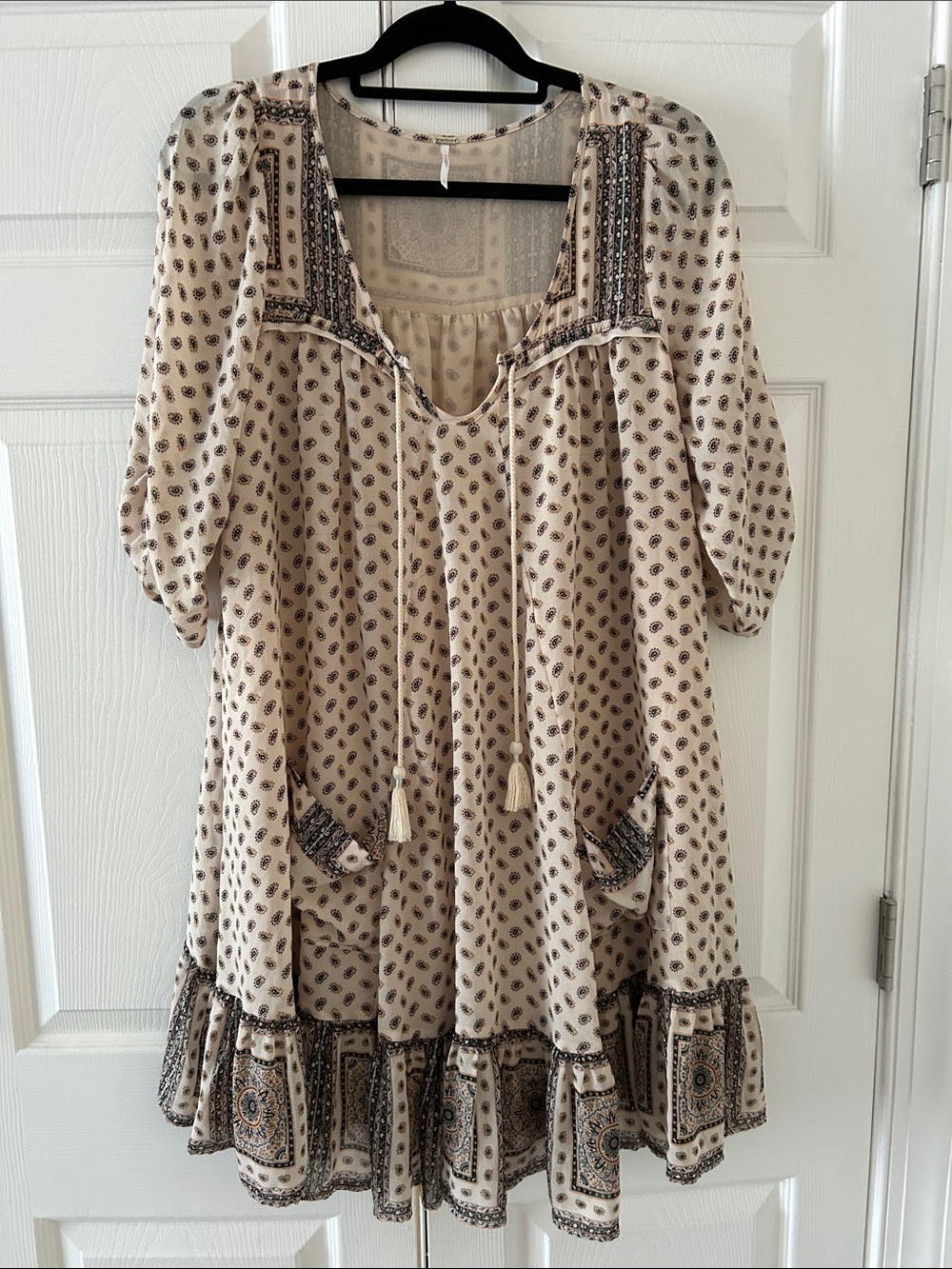 Free People Cream and Brown Printed Boho Peasant Dress - rare color